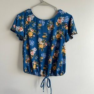 Rewind Juniors Royal Blue Floral Cross Back And Tie Front Blouse